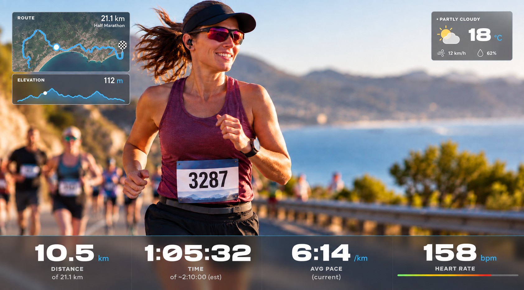 A vCorso frame of a runner in race bib 3287 on a coastal road, showing the route map of a 21.1 km half marathon, the elevation profile at 112 m, weather and a strip with distance 10.5 km, time 1:05:32, average pace 6:14 per km and heart rate 158 bpm.